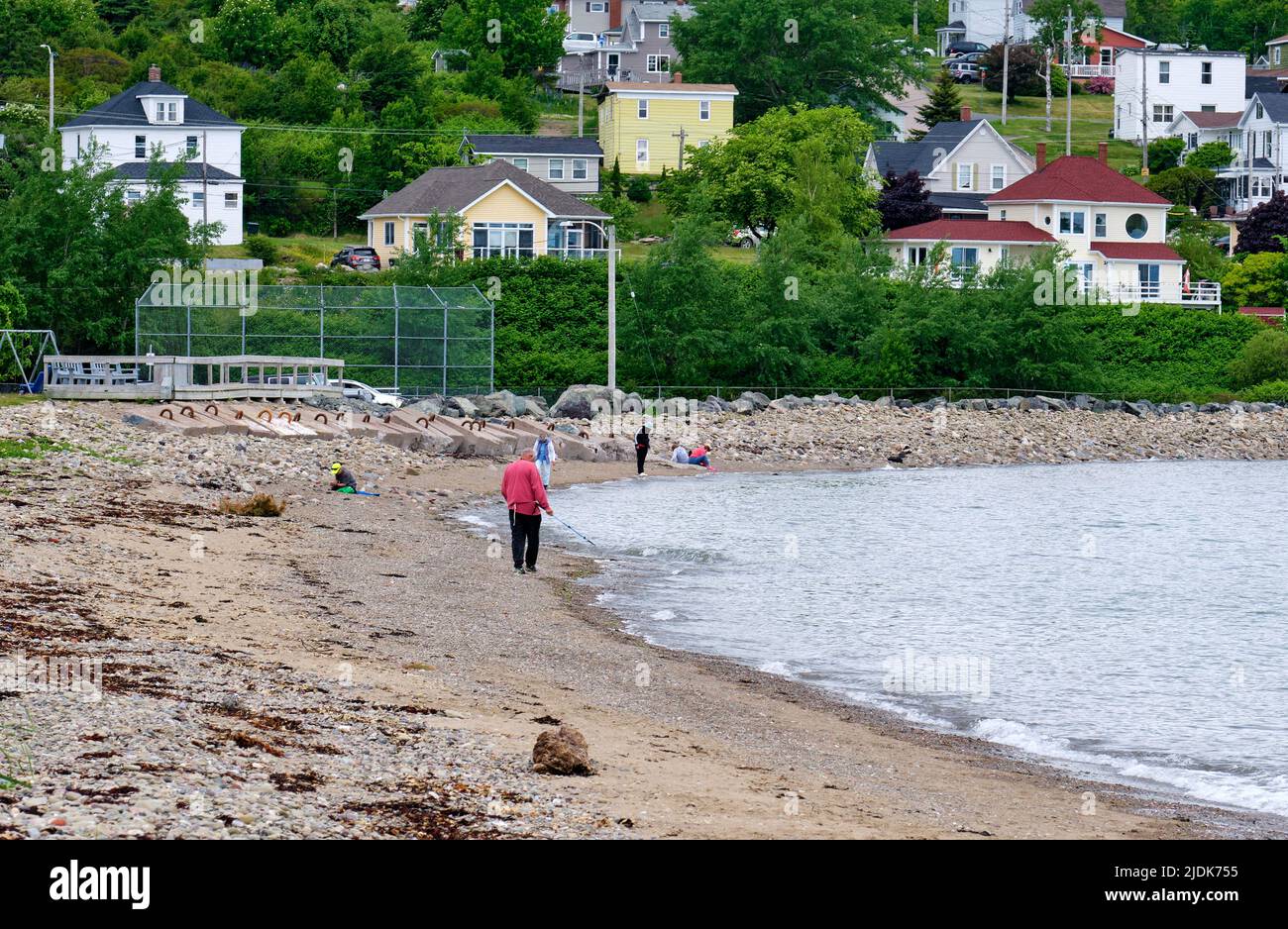 Persone che si battono sulla spiaggia indiana a North Sydney Cape Breton Island Nuova Scozia alla ricerca di calice di mare coveted e altri tesori che possono lavare cenere Foto Stock