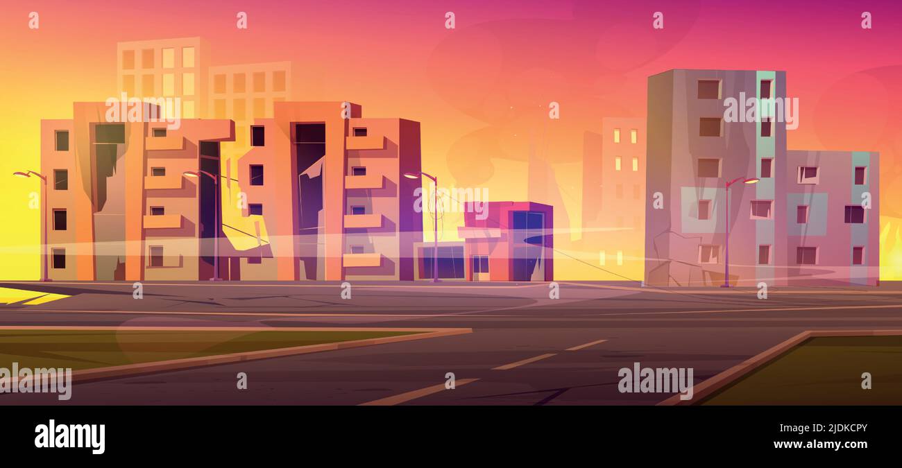 Distrutta strada della città con case rotte, fuoco e fumo. Illustrazione vettoriale di cartoni animati di edifici abbandonati demoliti sulla strada della città dopo la guerra, esplosione nucleare, apocalisse Illustrazione Vettoriale