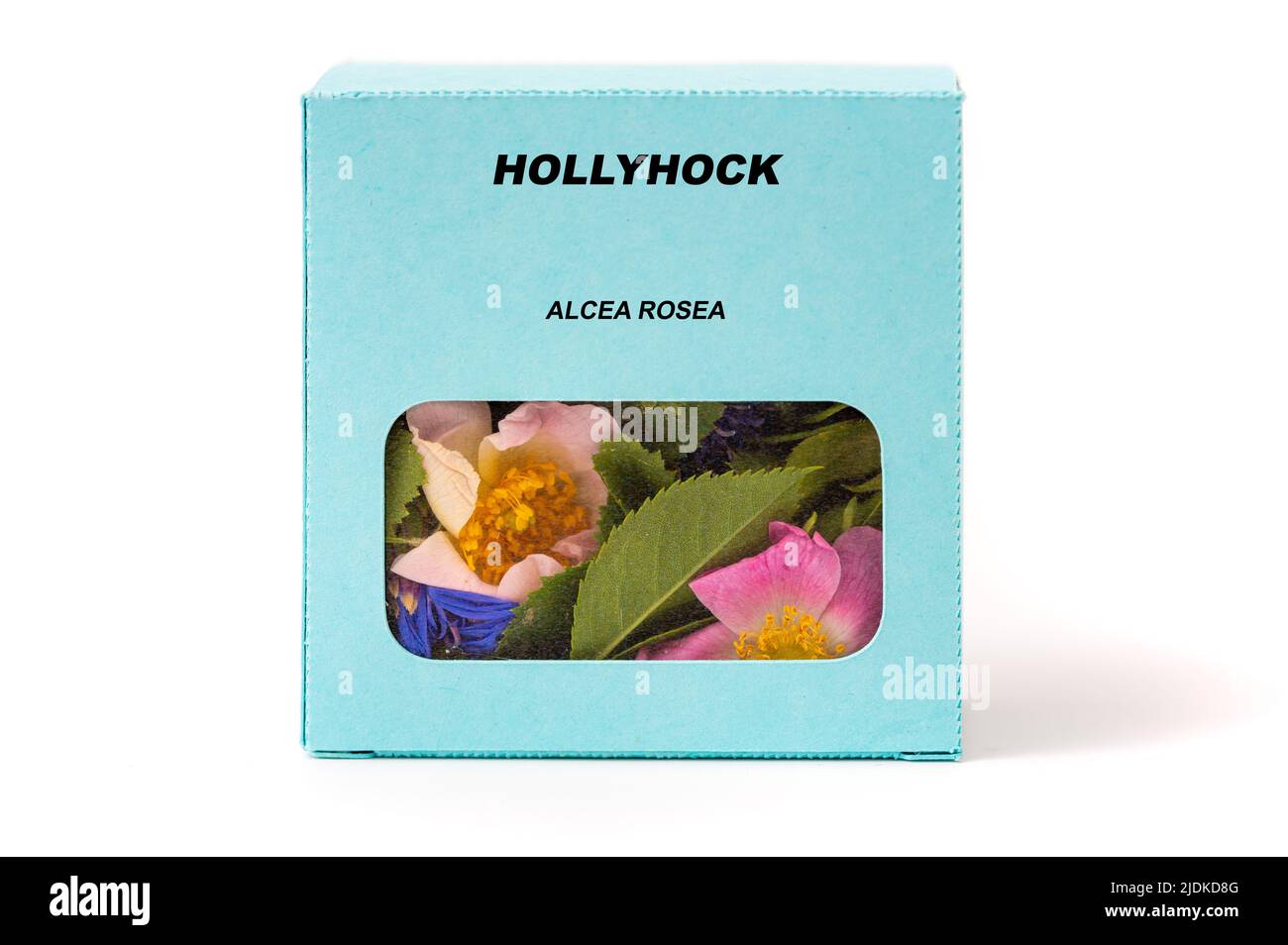 Hollyhock erbe medicinali in una scatola di cartone. Tè alle erbe in una confezione regalo Foto Stock
