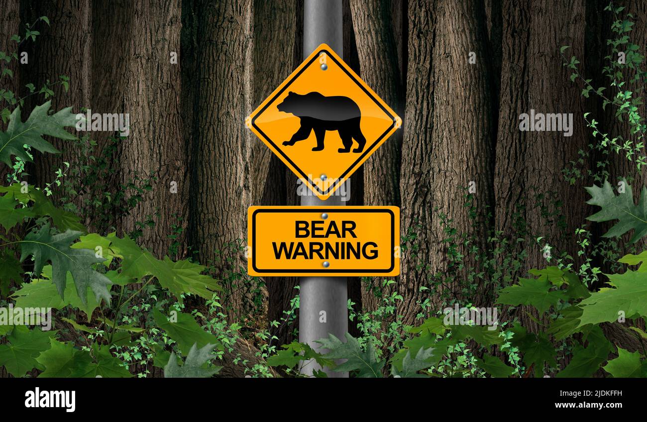 Tieni gli avvisi nel cartello del legno o nel cartello di pericolo del campeggio come predatore spaventoso come rischio per gli orsi in natura con 3D elementi di illustrazione. Foto Stock