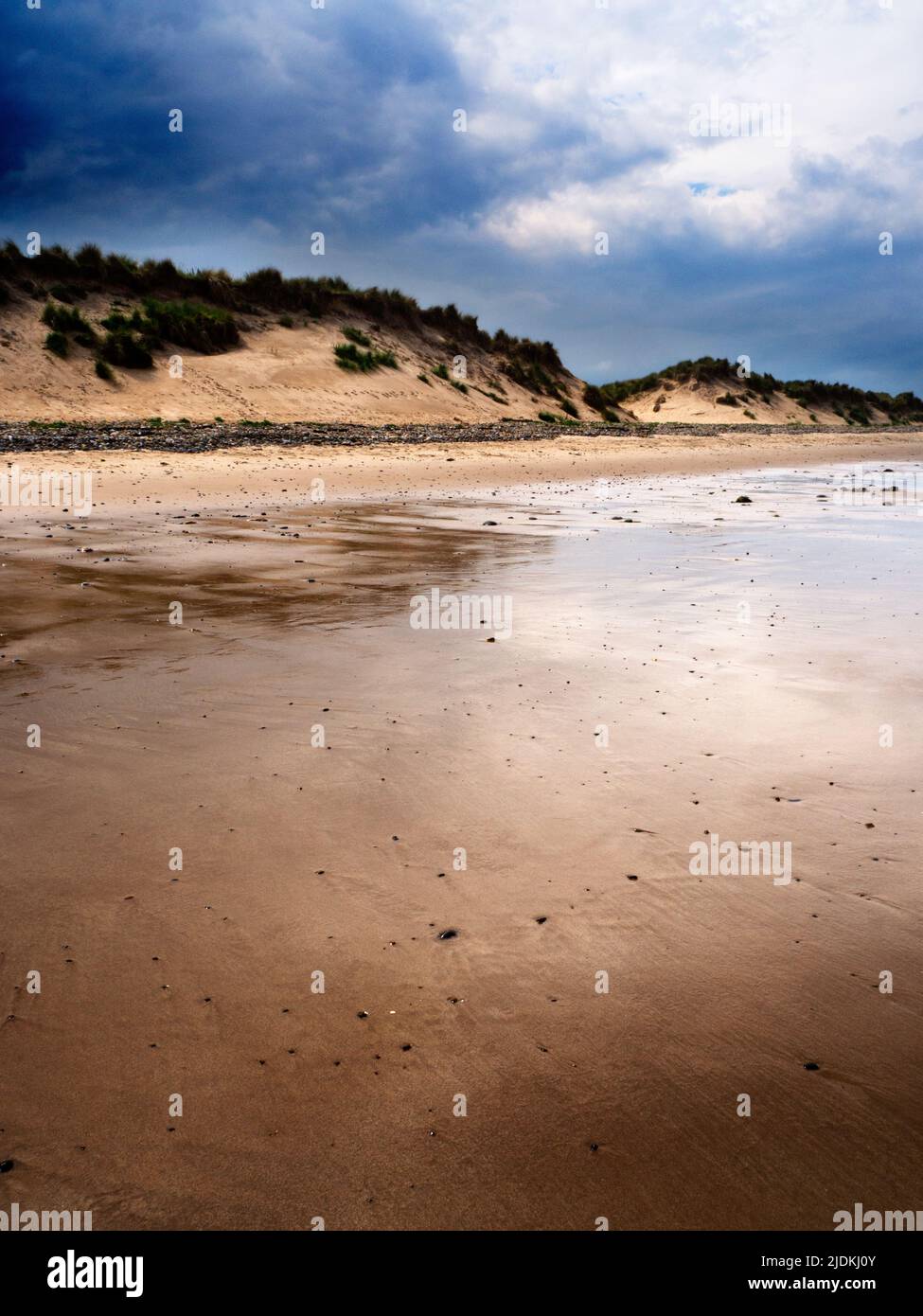 Nuvole scure su dune di sabbia e sabbia bagnata sulla spiaggia Hauxley camminare sul mare Northumberland Inghilterra Foto Stock