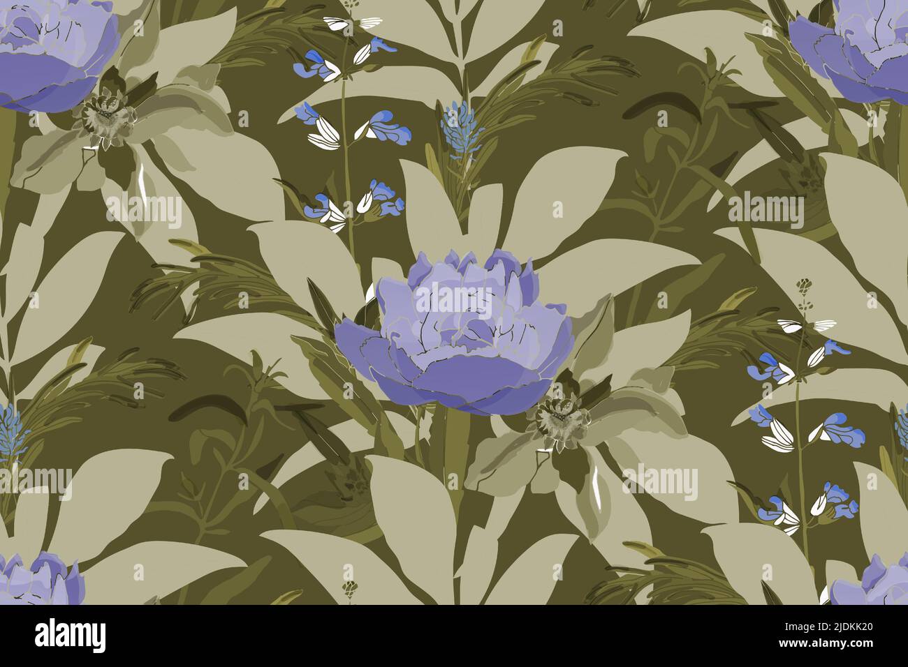 Motivo floreale vettoriale senza cuciture. Peonie blu con foglie verdi su sfondo color cachi. Illustrazione Vettoriale