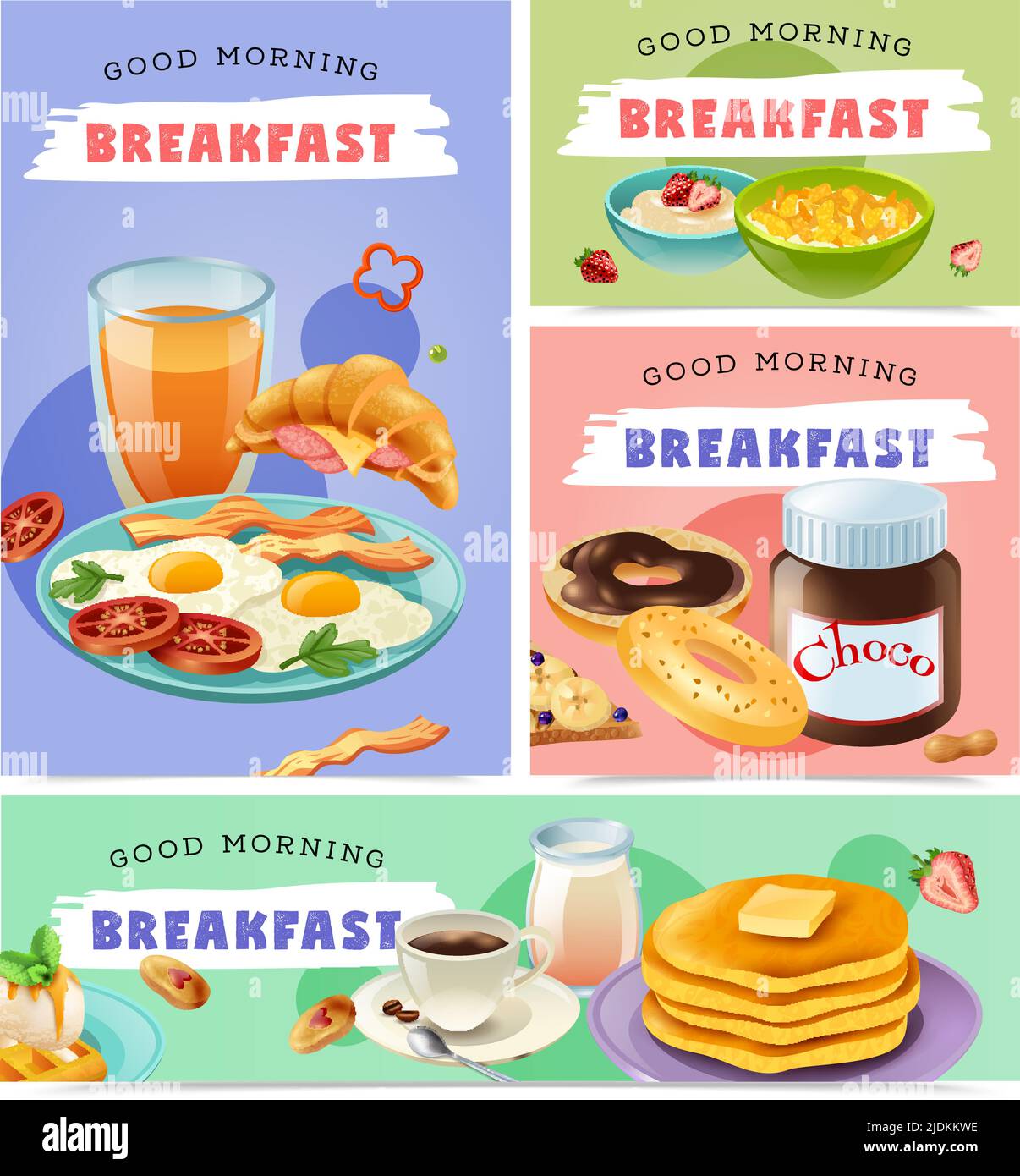 Buongiorno bandiere isolate set con sano cibo collezioni di prodotti naturali utilizzati per la prima colazione illustrazione vettoriale Illustrazione Vettoriale