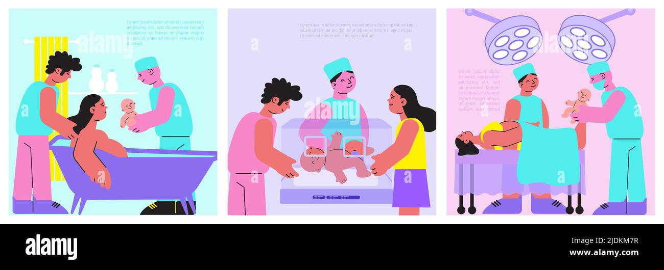 Set di tre striscioni quadrati con immagini della situazione ospedaliera per la maternità e illustrazione vettoriale di testo modificabile Illustrazione Vettoriale