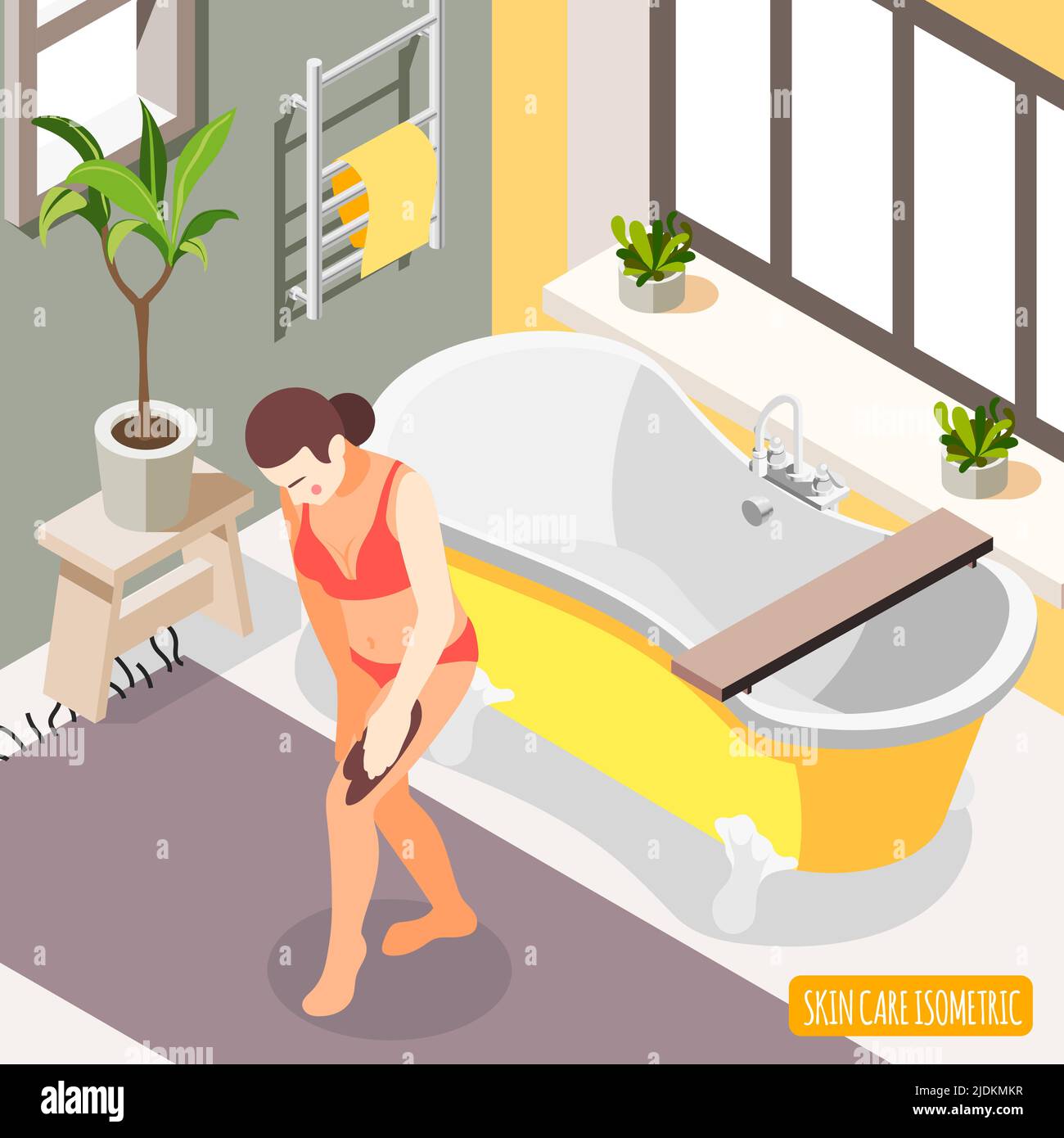 Trattamento di esfoliazione corpo scrub dopo bagno per pelle liscia e setosa isometrica bagno composizione di fondo illustrazione vettoriale Illustrazione Vettoriale