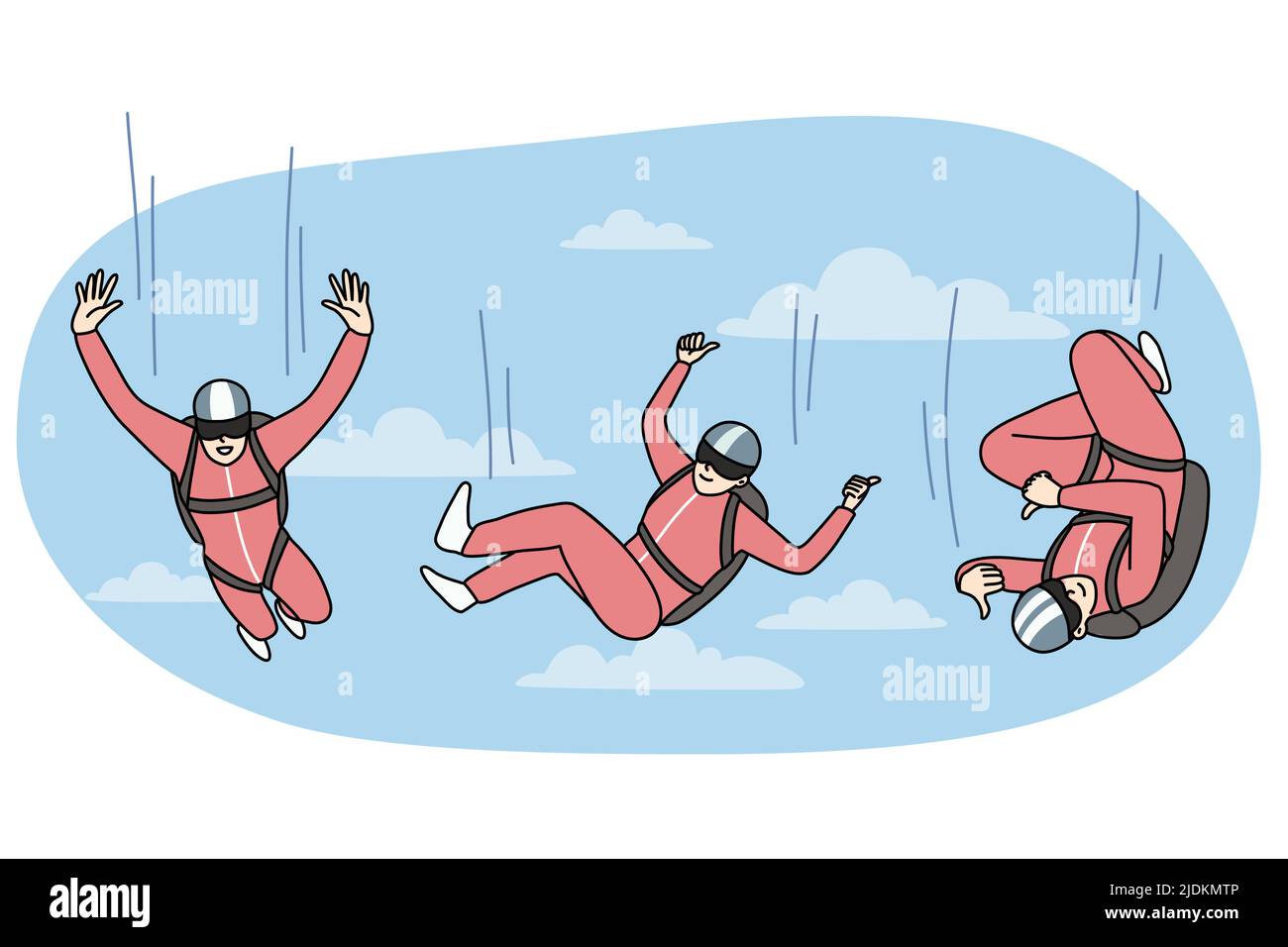 Persona felice in tuta protettiva che cade dal cielo con paracadute. Concetto di caduta libera. Sport estremo. Illustrazione vettoriale piatta. Illustrazione Vettoriale