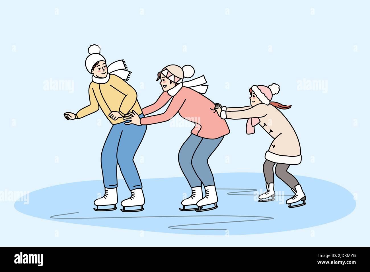 La famiglia felice si diverte a pattinare sulla pista di pattinaggio durante le vacanze invernali insieme. I genitori sorridenti con il bambino possono praticare attività sportive durante il fine settimana. Illustrazione vettoriale. Illustrazione Vettoriale