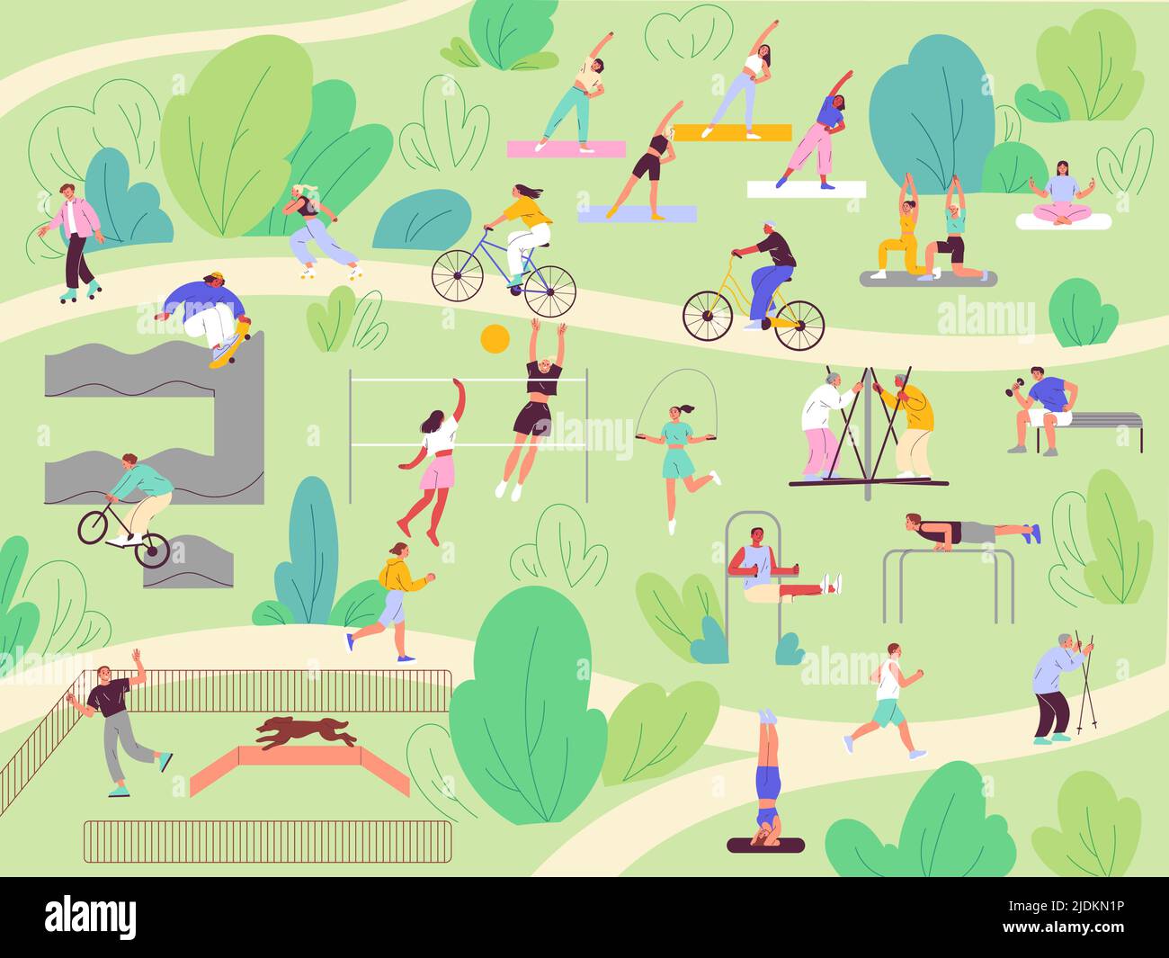 Persone nel parco, attività estive. Illustrazione Vettoriale