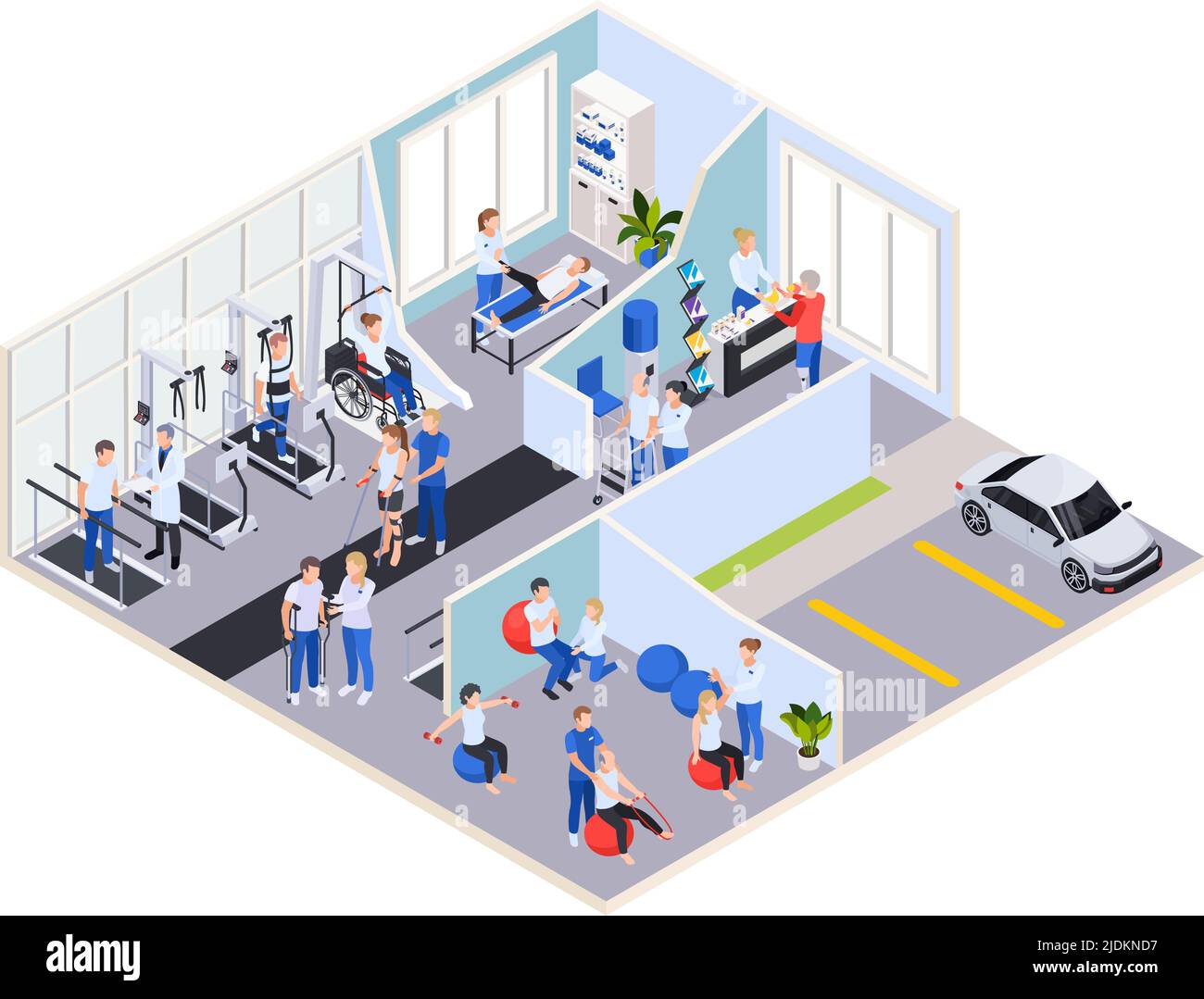 Riabilitazione medica centro fisioterapico ricevimento interno esercizi massaggio trattamento e parcheggio esterno vista isometrica illustrazione vettoriale Illustrazione Vettoriale