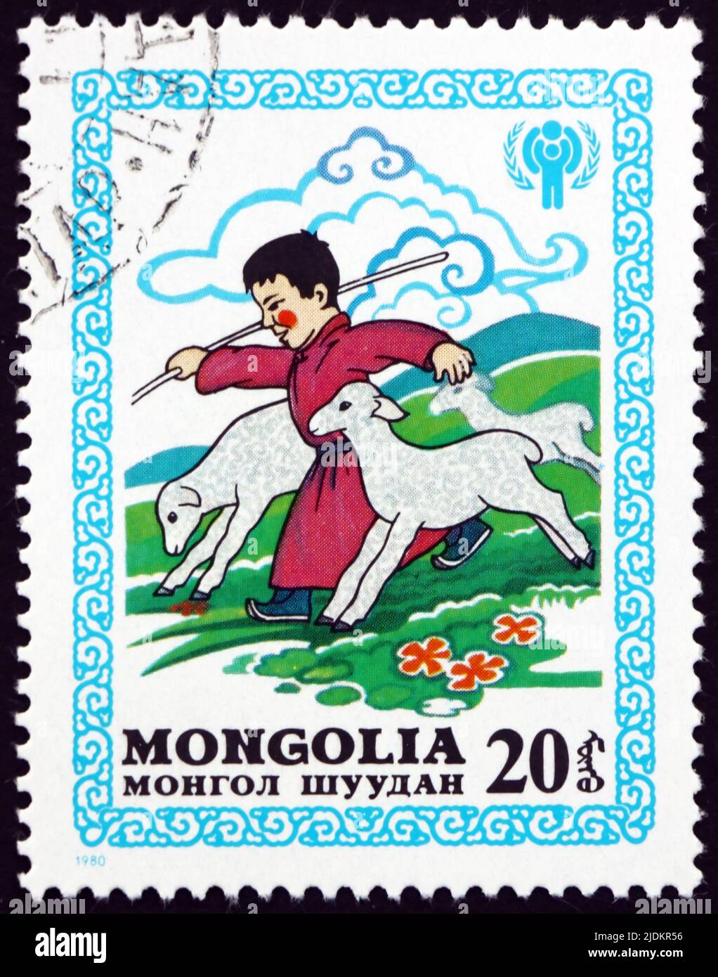 MONGOLIA - CIRCA 1980: Un francobollo stampato in Mongolia mostra il pastore che parla la verità, racconto della scuola materna, circa 1980 Foto Stock