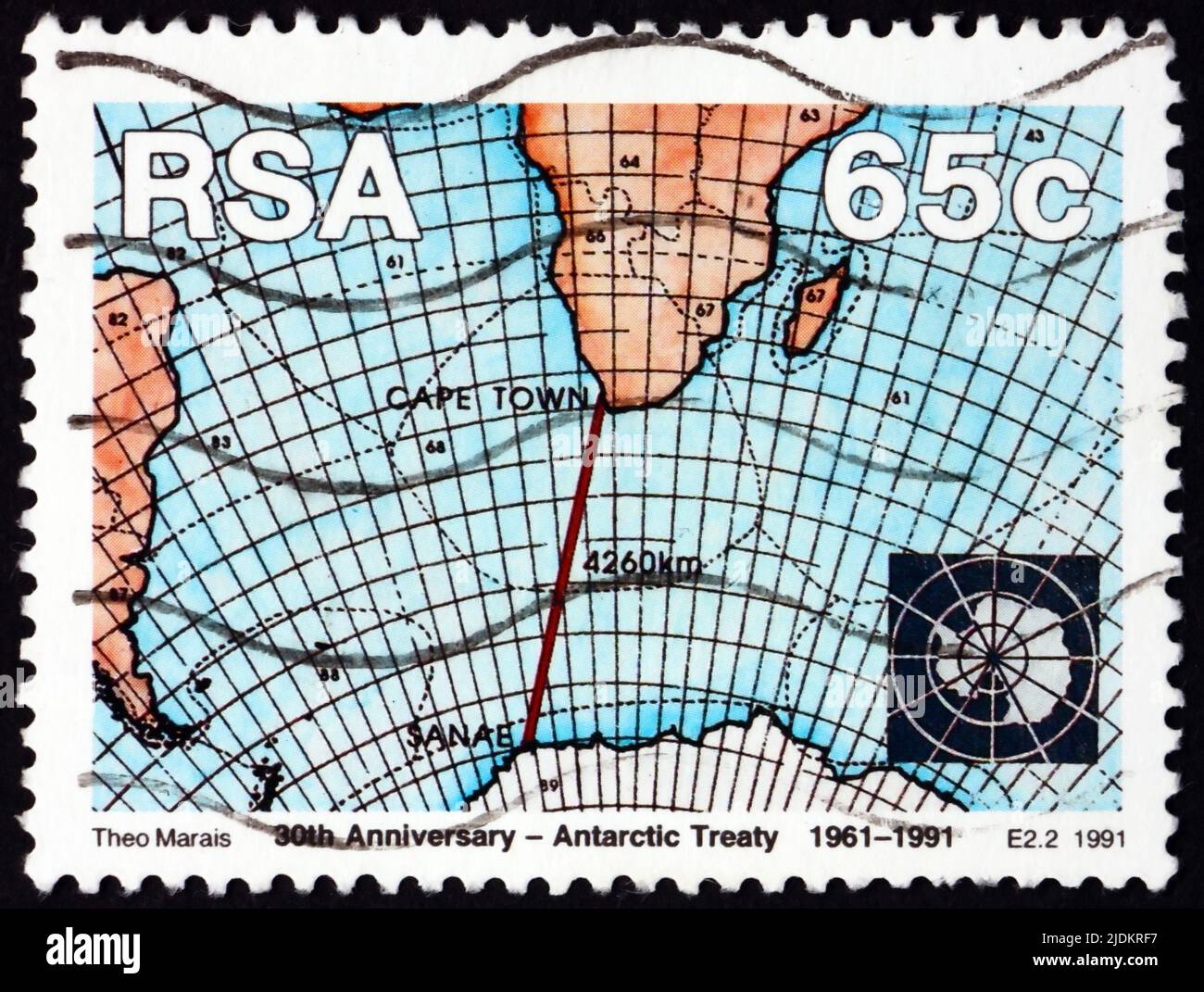 SUD AFRICA - CIRCA 1991: Un timbro stampato in Sudafrica mostra la mappa meteorologica, Trattato Antartico, 30th anni, circa 1991 Foto Stock