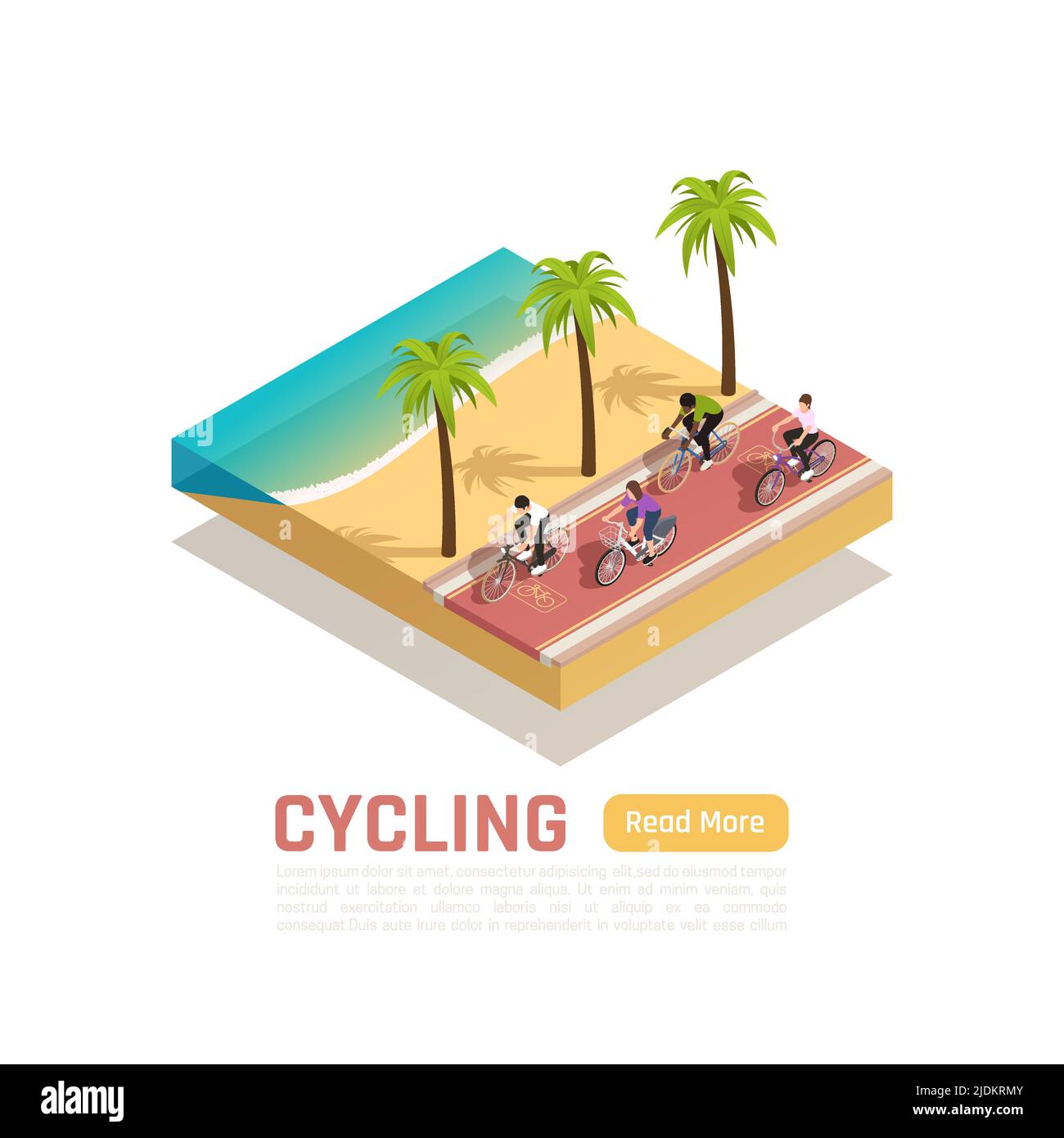 Ciclismo sfondo isometrico estate con persone che cavalcano biciclette lungo mare sud illustrazione vettoriale Illustrazione Vettoriale