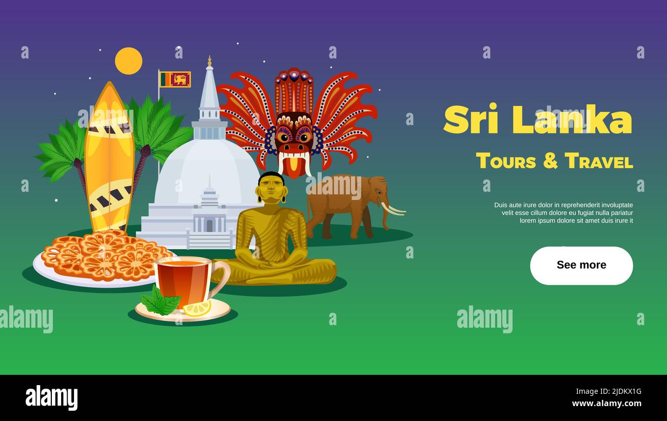 Sri lanka tours agenzia di viaggi landing page orizzontale sfondo colorato banner con maschera alimentare tempio illustrazione vettoriale Illustrazione Vettoriale