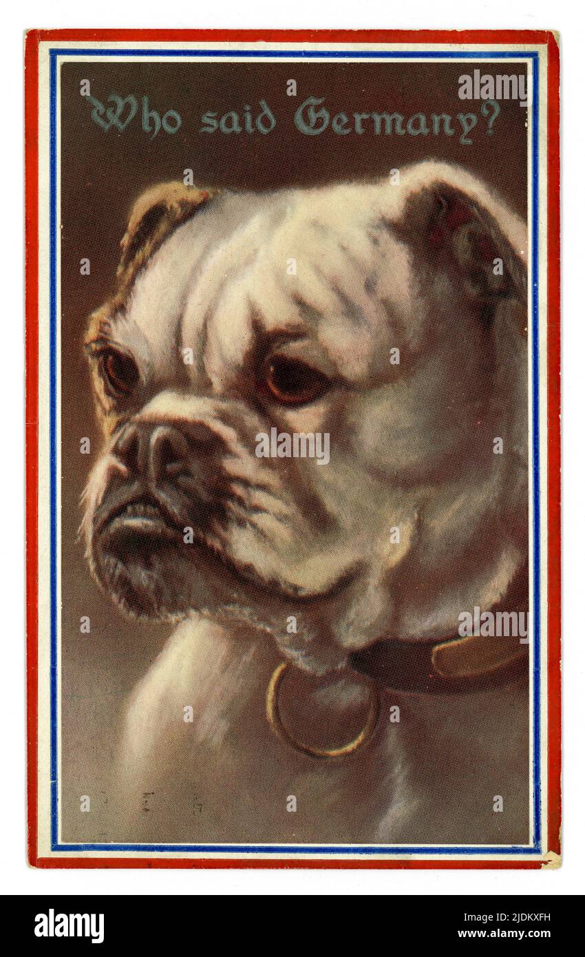 Originale WW1 era fumetto patriottico cartolina del bulldog pubblicato all'inizio della guerra, la didascalia è "Chi ha detto la Germania?" Pubblicato da E.T.W. Dennis & Sons Ltd. Londra e Scarborough. Datato 1914. REGNO UNITO Foto Stock
