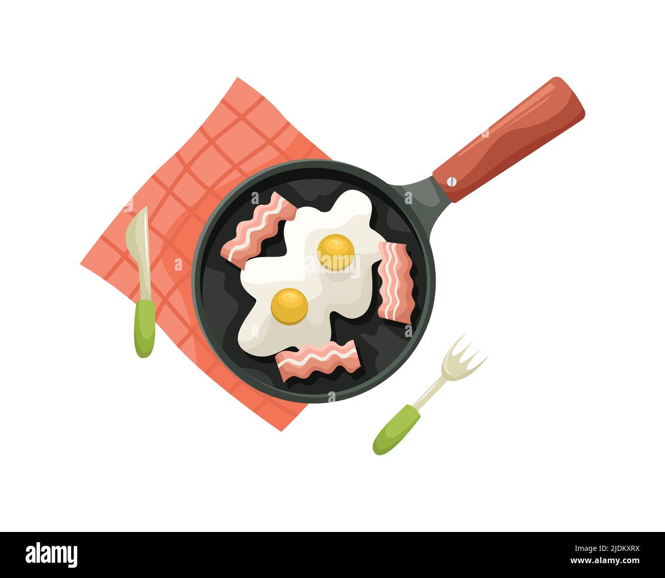 Illustrazione vettoriale delle uova fritte con pancetta in una padella su una tovaglia rossa. Colazione, cucina. Disposizione piatta Illustrazione Vettoriale