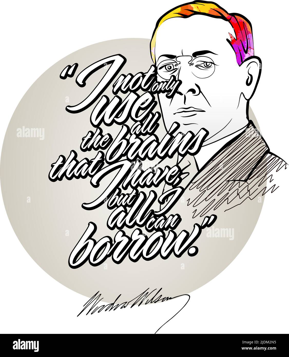 Woodrow Wilson canta con il ritratto. Modello vettoriale per la stampa, ad esempio magliette o poster. Illustrazione Vettoriale