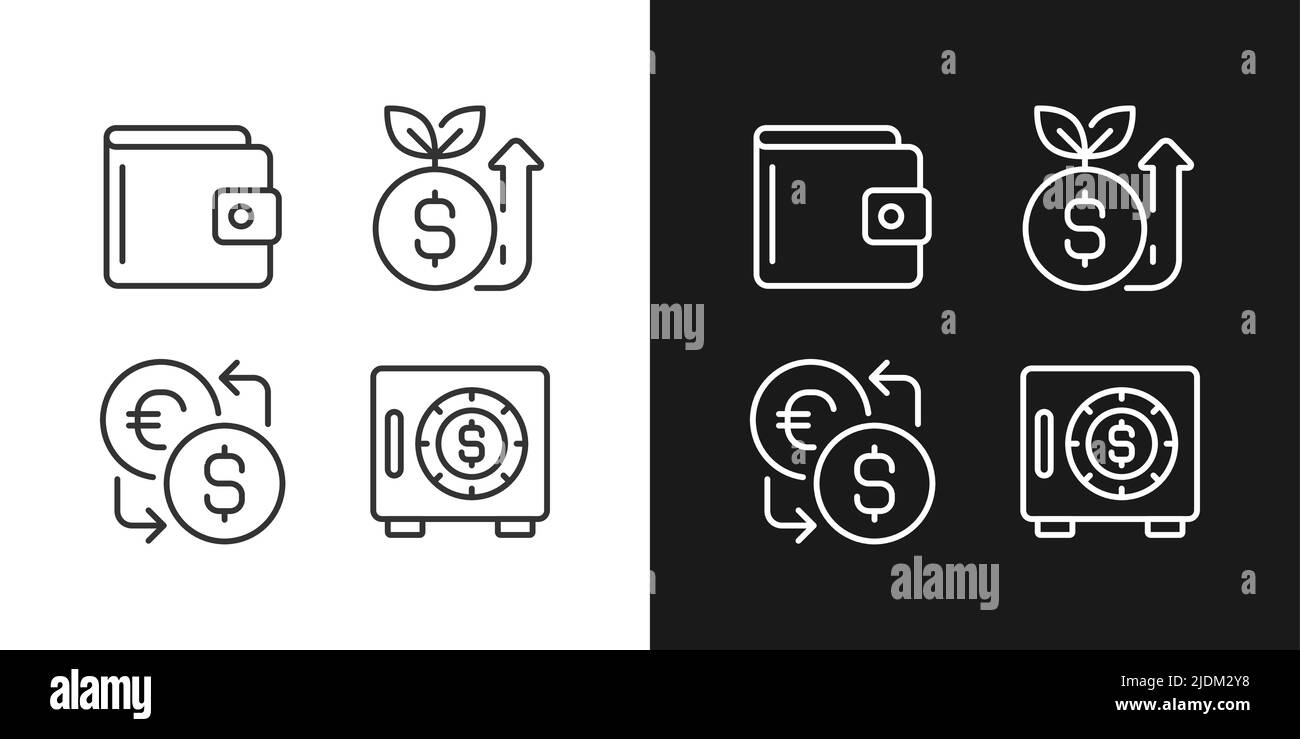 Aumento e risparmio di denaro pixel perfetto icone lineari impostato per la modalità buio e luce Illustrazione Vettoriale