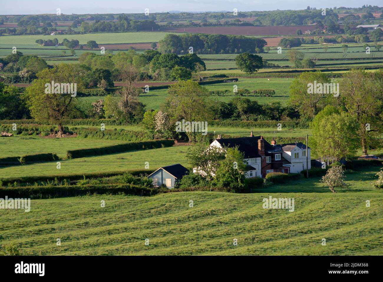 Brinklow, Warwickshire. Vista della fattoria e dei terreni agricoli dal Castello di Brinklow guardando a sud. Nota evidenza di cresta medievale e aratura solco. Foto Stock