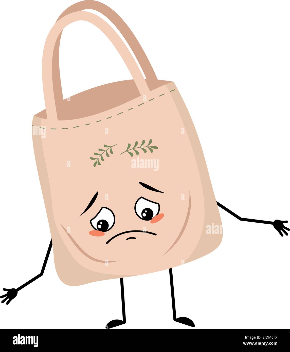 Carino borsa di tessuto di carattere con le emozioni tristi, faccia depressa, occhi giù, braccia e gambe. Shopper con viso malinconico, alternativa ecologica al sacchetto di plastica. Illustrazione piatta vettoriale Illustrazione Vettoriale