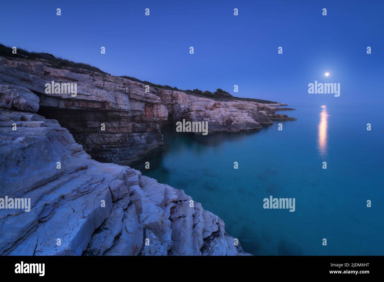 Costa rocciosa e luna piena di notte in estate Foto Stock