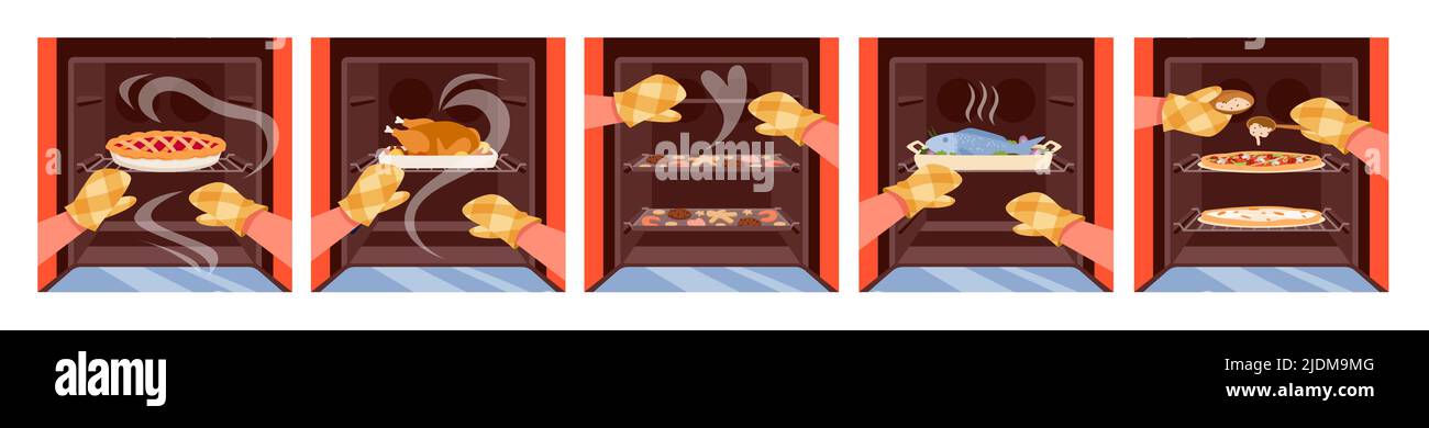 Mani in guanti ignifughi aprire porta forno set, persona cucina cibo in attrezzatura da cucina Illustrazione Vettoriale
