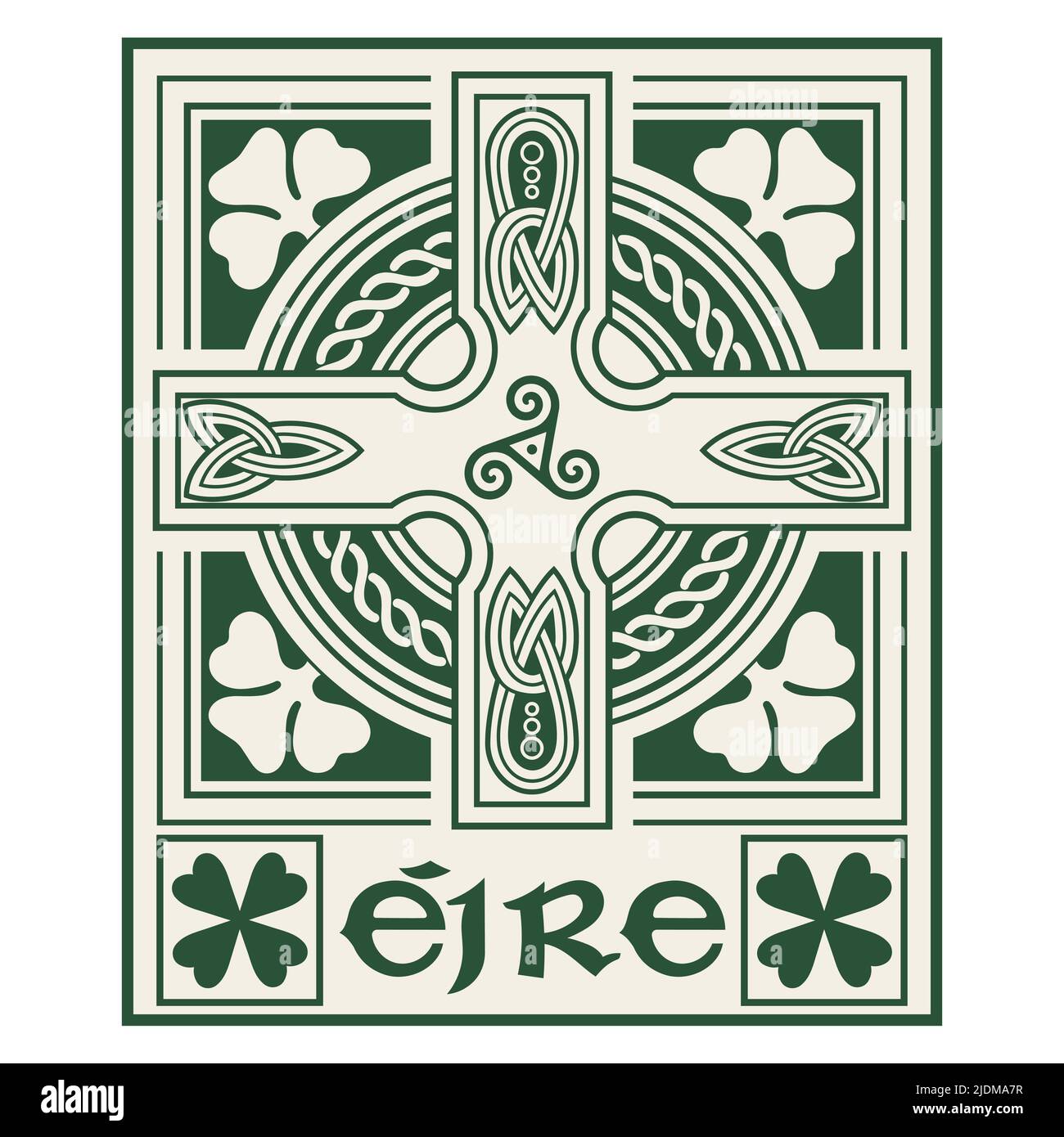 Design irlandese in stile vintage e retrò. Croce di stile celtico con ornamento etnico del nodo e trifoglio di stile celtico Illustrazione Vettoriale