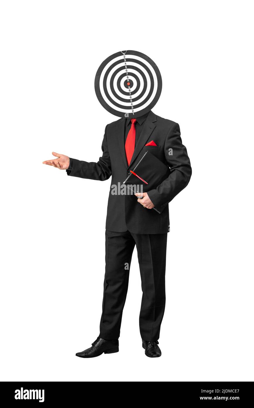immagine di un uomo in un vestito e legare con un bersaglio sulla sua testa Foto Stock