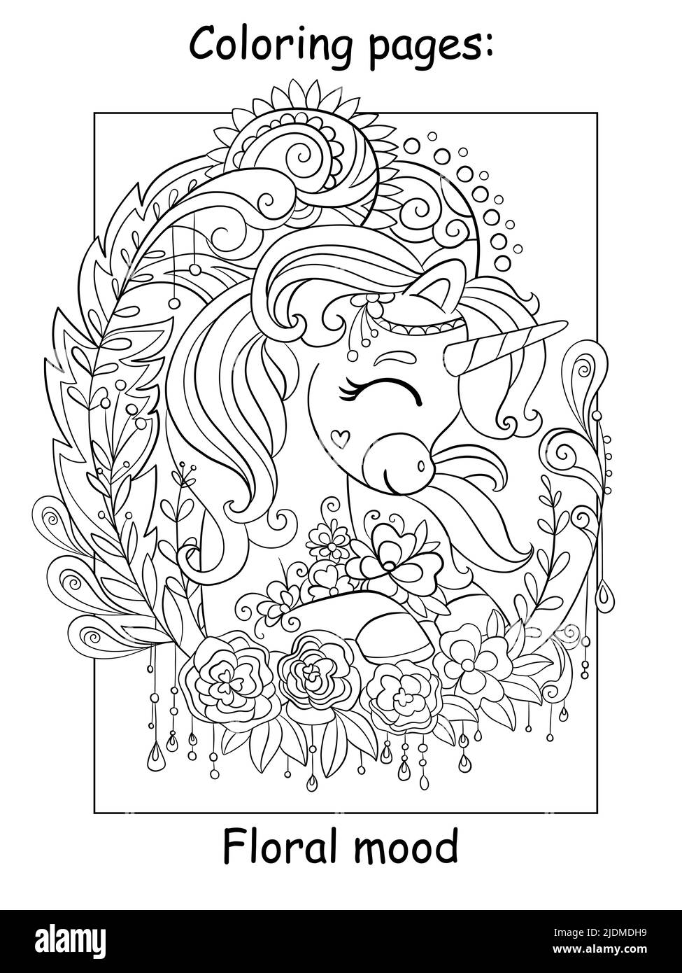 Simpatico unicorno da sogno con fiori. Pagina libro da colorare per bambini. Illustrazione vettoriale del cartone animato isolato su sfondo bianco. Per libro da colorare, l'EDUC Illustrazione Vettoriale