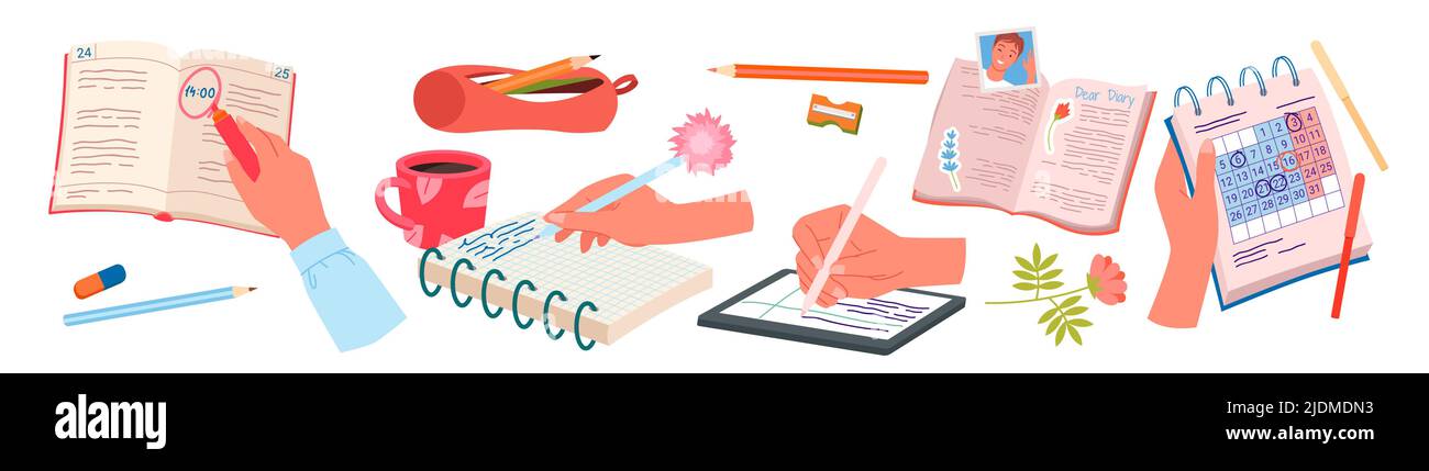 Le mani umane scrivono in un diario di carta aperto e nel blocco note, lavorano con la penna, la matita e le note set Illustrazione Vettoriale