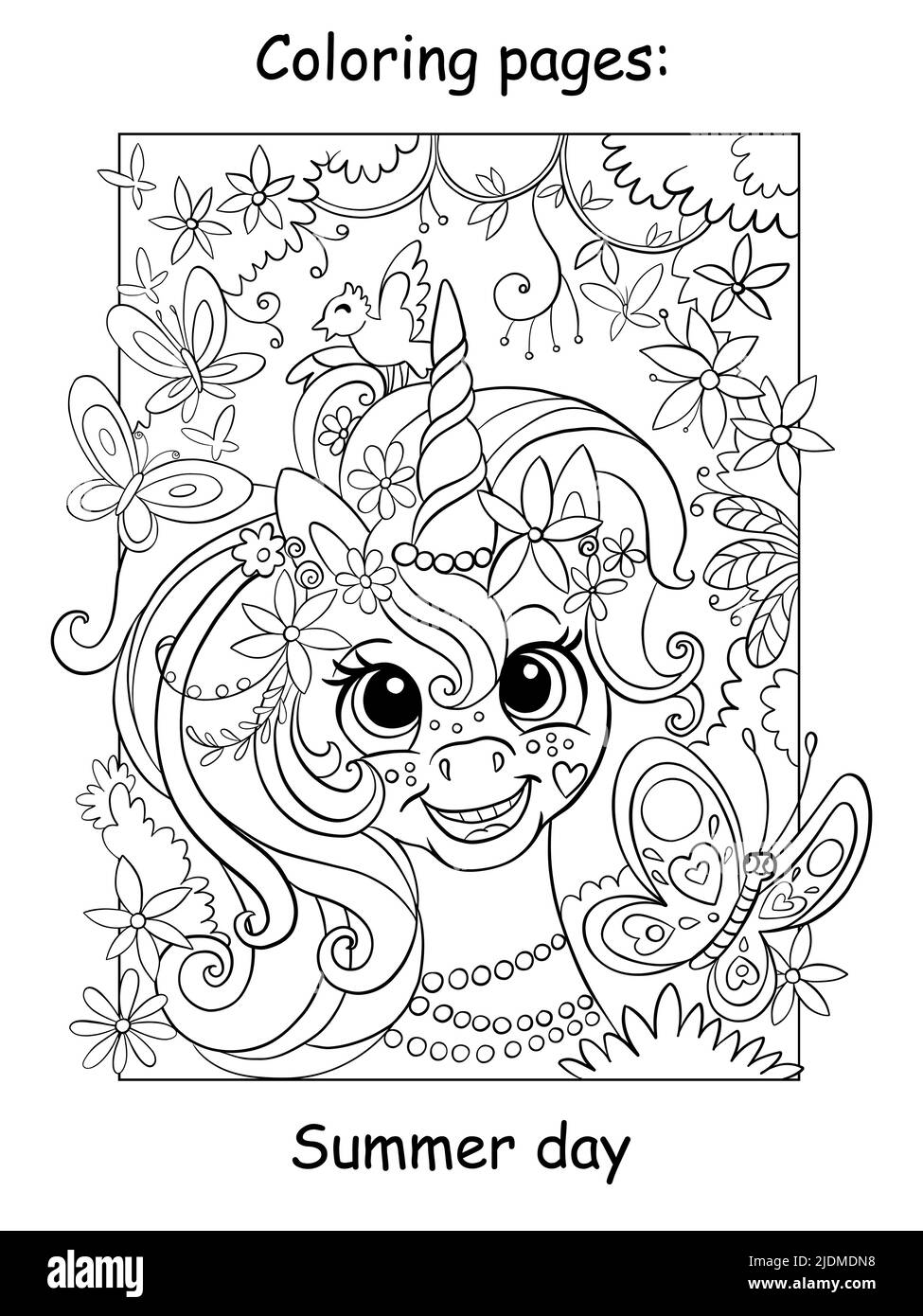 Simpatico unicorno da sogno con fiori e farfalle. Colorare la pagina del libro per i bambini. Illustrazione vettoriale del cartone animato isolato su sfondo bianco. Per colorina Illustrazione Vettoriale