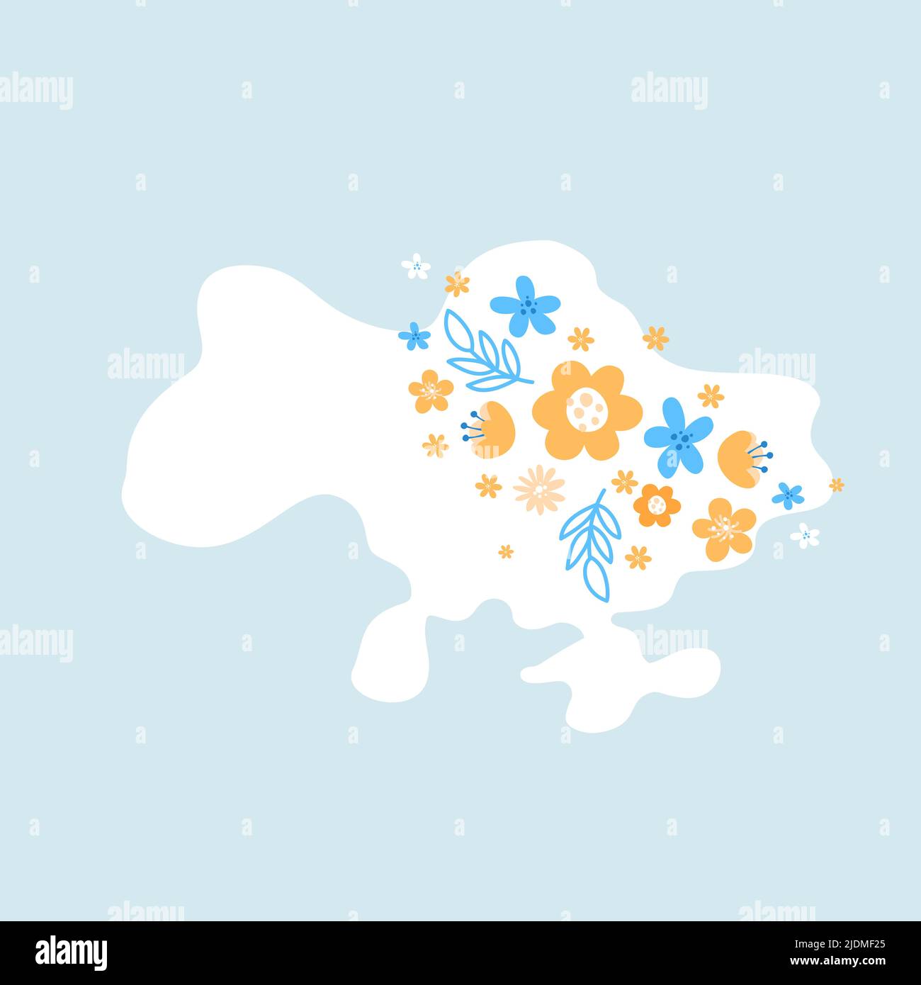 Mappa vettoriale dell'Ucraina con fiori su sfondo blu. Stop War concetto illustrazione vettoriale. Amore illustrazione Ucraina. Salvare l'Ucraina dalla Russia Illustrazione Vettoriale
