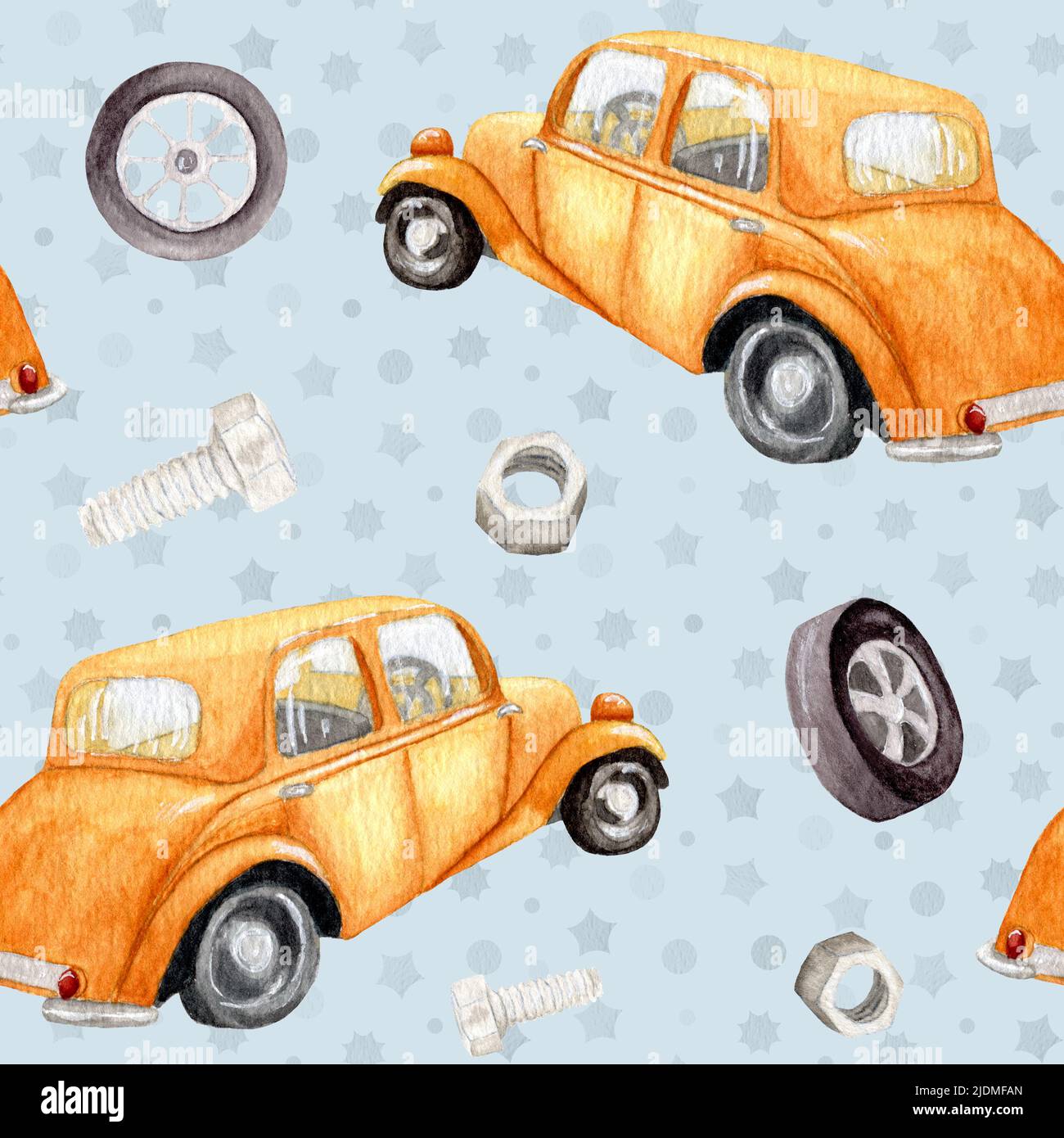 Acquerello auto retrò. Modello senza cuciture per bambini con macchine diverse. Modello di auto retrò dipinto a mano. Trasporto retrò. Auto marrone con dadi. Foto Stock