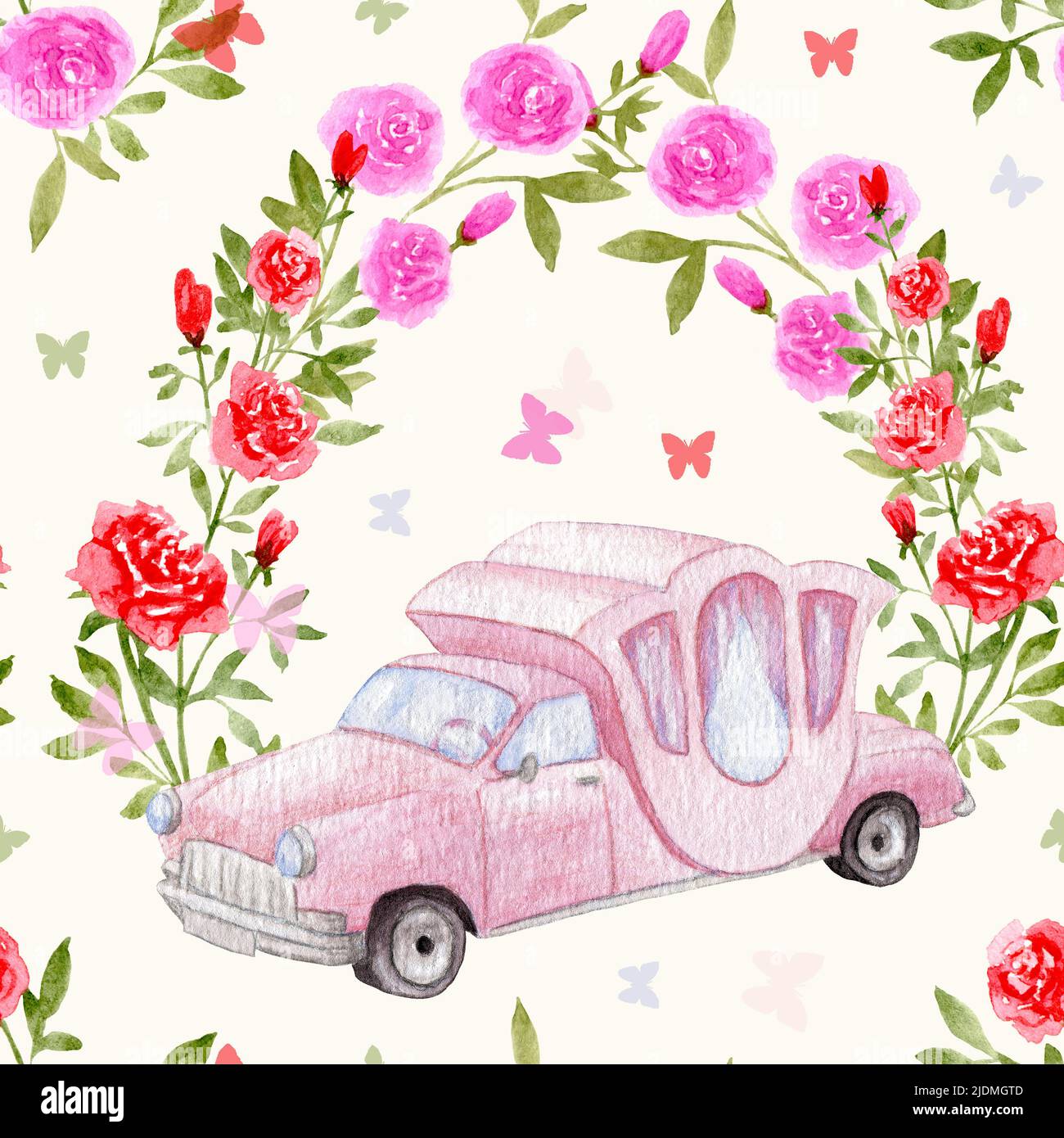 Acquerello auto retrò. Modello di auto retrò dipinto a mano. Matrimonio vintage auto rosa con un arco di fiori di rosa. Matrimonio senza cuciture modello con butterflie Foto Stock