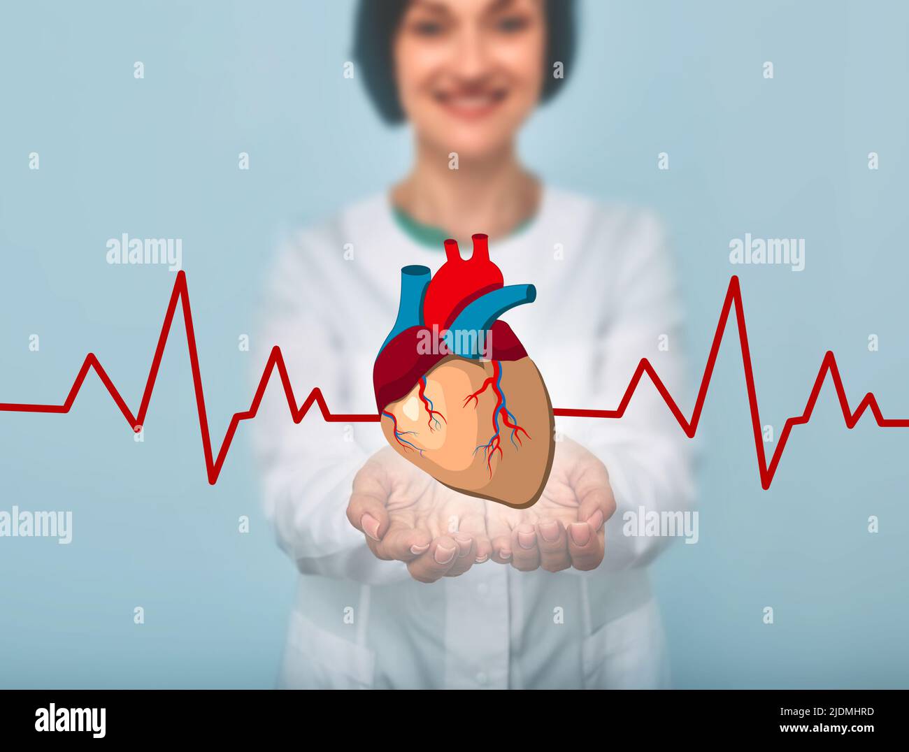 Amichevole medico che tiene modello di cuore umano con battito cardiaco. Concetto di salute cardiaca e sistema cardiovascolare Foto Stock