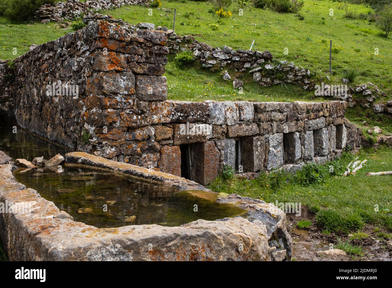 Spagna, Asturie. Parco Naturale di Somiedo. L'acqua fredda della sorgente della montagna raffredda il latte immagazzinato nei contenitori nel muro di pietra. Braña de Mumian. Foto Stock