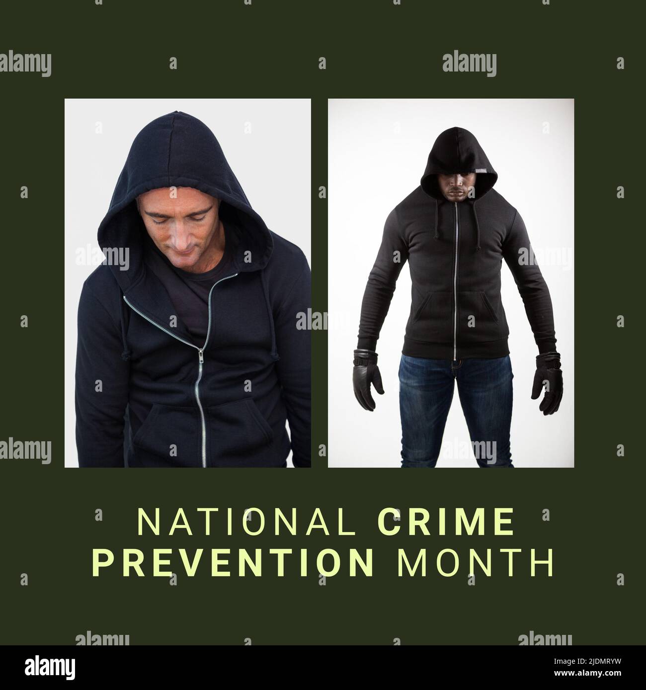 Collage di scassinatori multirazziali con cappuccio nero e testo del mese di prevenzione della criminalità nazionale Foto Stock