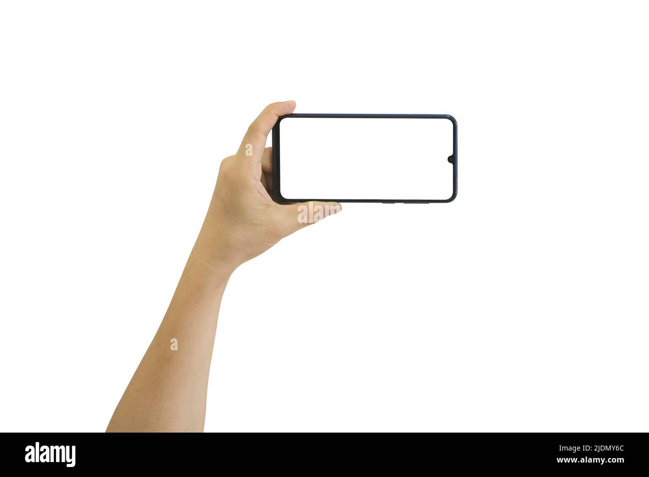 Smartphone mobile maschio con schermo vuoto isolato su sfondo bianco. Il percorso di ritaglio include Foto Stock