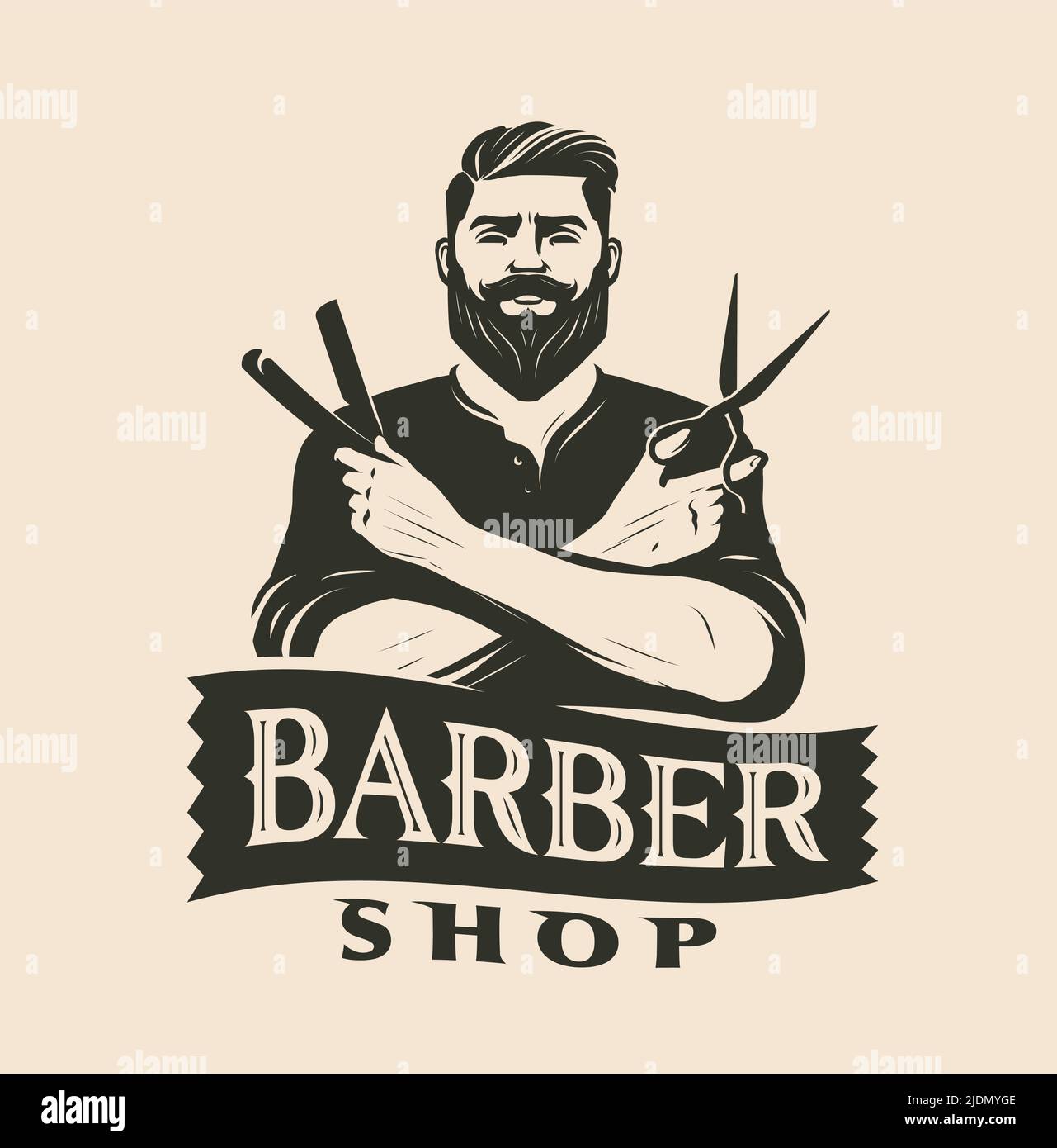 Logo Barbershop vintage. Rasatura e taglio della barba o dei baffi. Illustrazione vettoriale di bellezza maschile Illustrazione Vettoriale