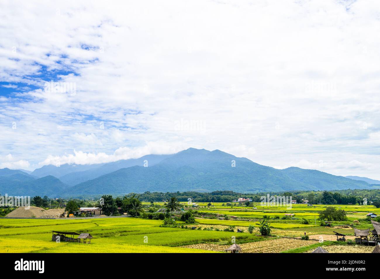 Bella panoramica di campo di riso con casa locale e il monte Doi Phuka sullo sfondo da località a Pua, Nan, Thailandia Foto Stock