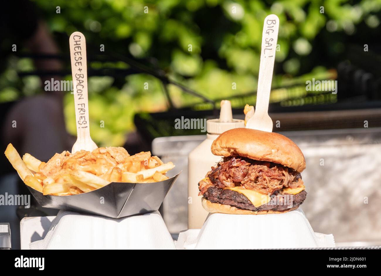 Deliziosa scatola di patatine artigianali e un hamburger di maiale tirato in vendita in un festival alimentare. Foto Stock