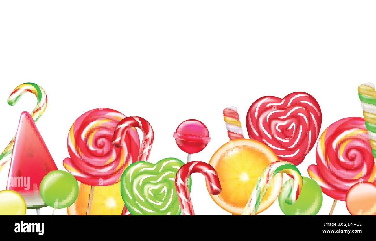 Caramelle agrumi ruote spirale caramello fiori caramelle lecca lollipops realistico bordo senza cuciture composizione sfondo bianco illustrazione vettoriale Illustrazione Vettoriale