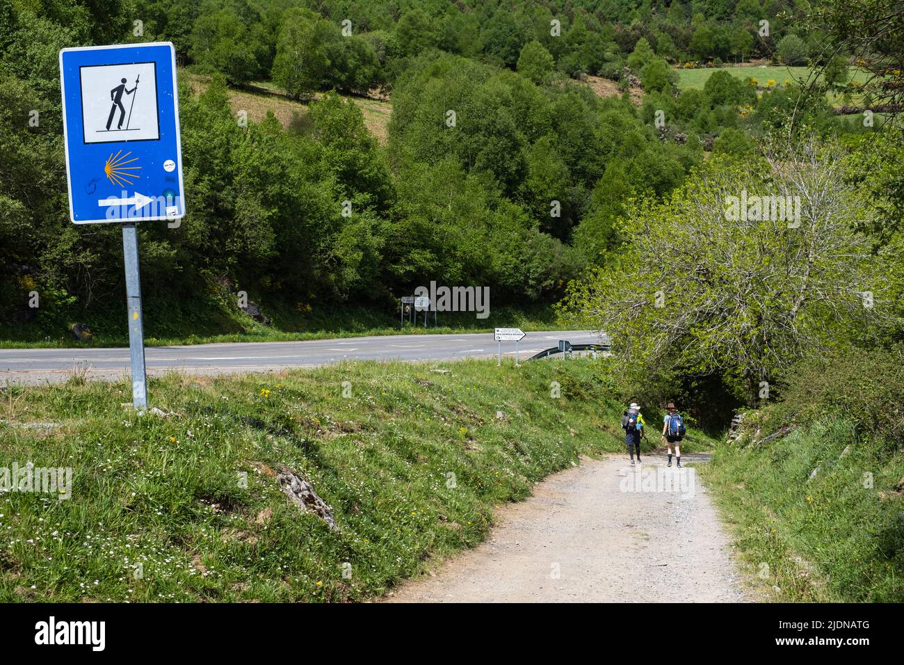 Spagna, Galizia. Escursionisti sul sentiero tra o Cebreiro e Triacastela. Foto Stock
