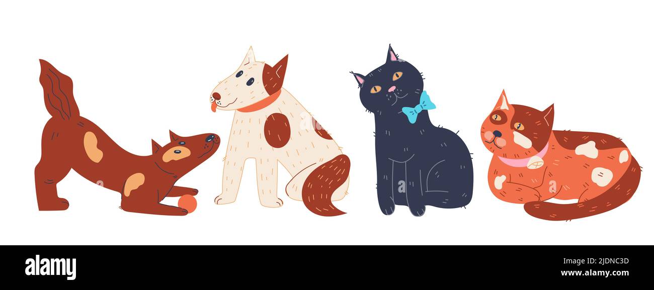 Gatti domestici e cani in piedi in fila, cartoon piano vettore illustrazione isolato su sfondo bianco. Cute animali domestici per veterinari e animali domestici c Illustrazione Vettoriale