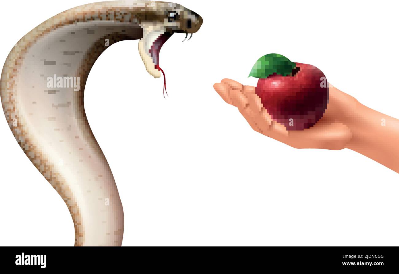 Composizione realistica di serpenti e mele con immagini isolate di cobra hissing e illustrazione di vettore di frutta di tenuta della mano umana Illustrazione Vettoriale