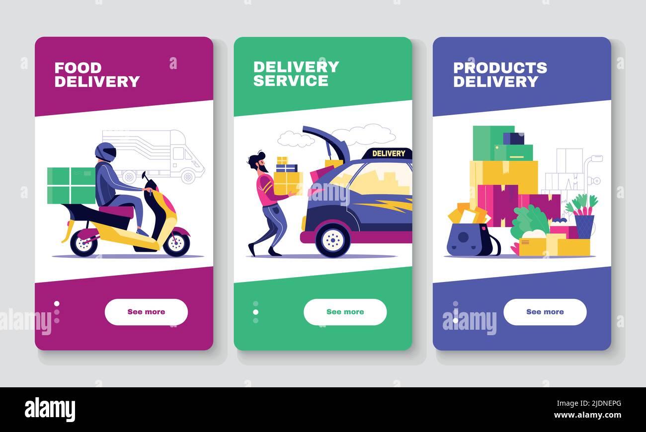 Servizio di consegna posta pacchi alimentari 3 banner web colorati verticali con illustrazione vettoriale moto e couriers auto Illustrazione Vettoriale