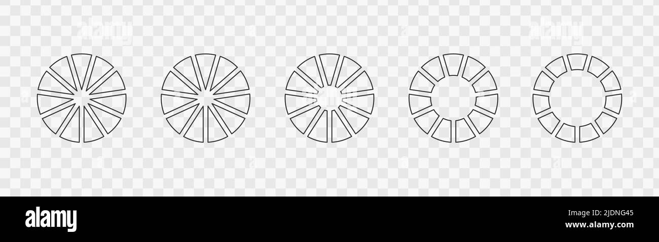 Delineare carte o torte ciambelle segmentate su 11 parti uguali. Set di ruote infografiche divise in undici sezioni. Diagrammi circolari isolati su sfondo trasparente. Illustrazione grafica vettoriale Illustrazione Vettoriale