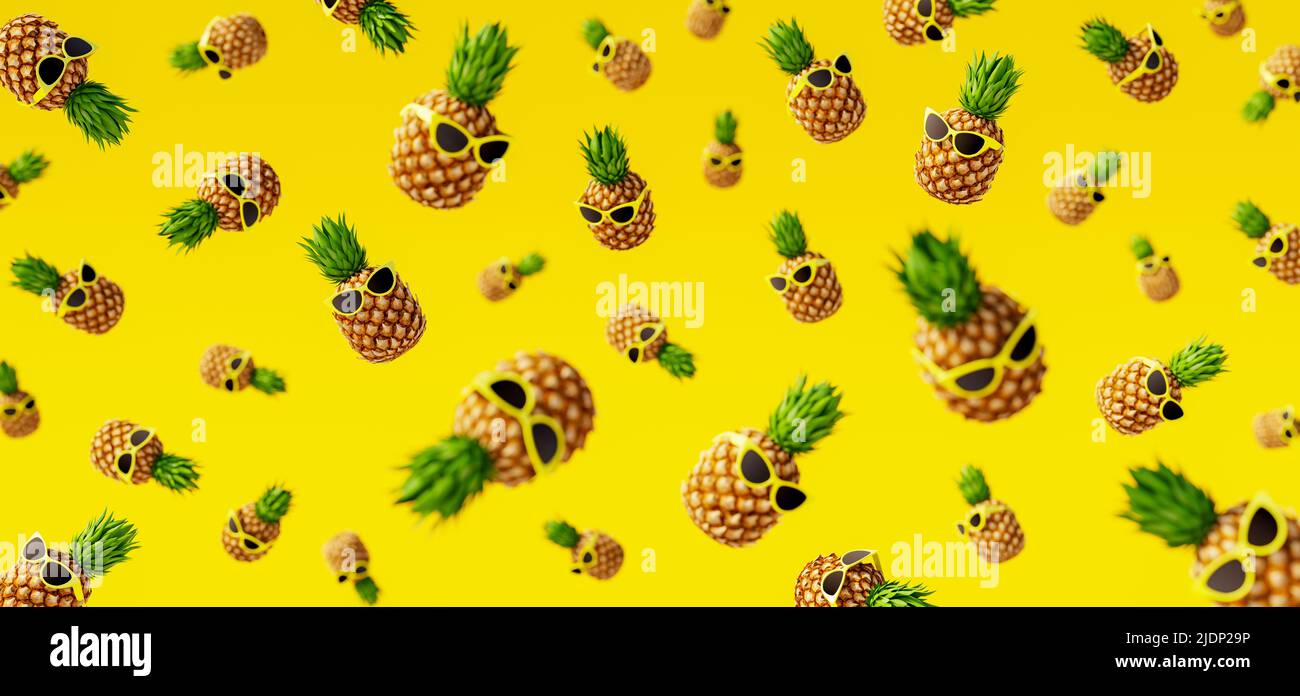Ananas con occhiali da sole su sfondo giallo. Summer Travel Concept 3D rappresentazione 3D illustrazione Foto Stock