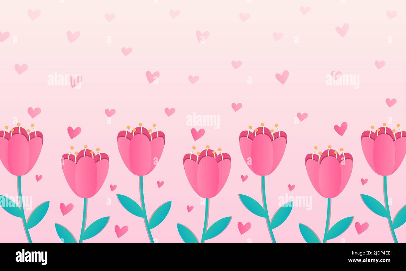 Banner con tulipani rosa sul fondo e forme del cuore. Illustrazione vettoriale dei fiori estivi o primaverili su sfondo pastello. Sfondo per Illustrazione Vettoriale