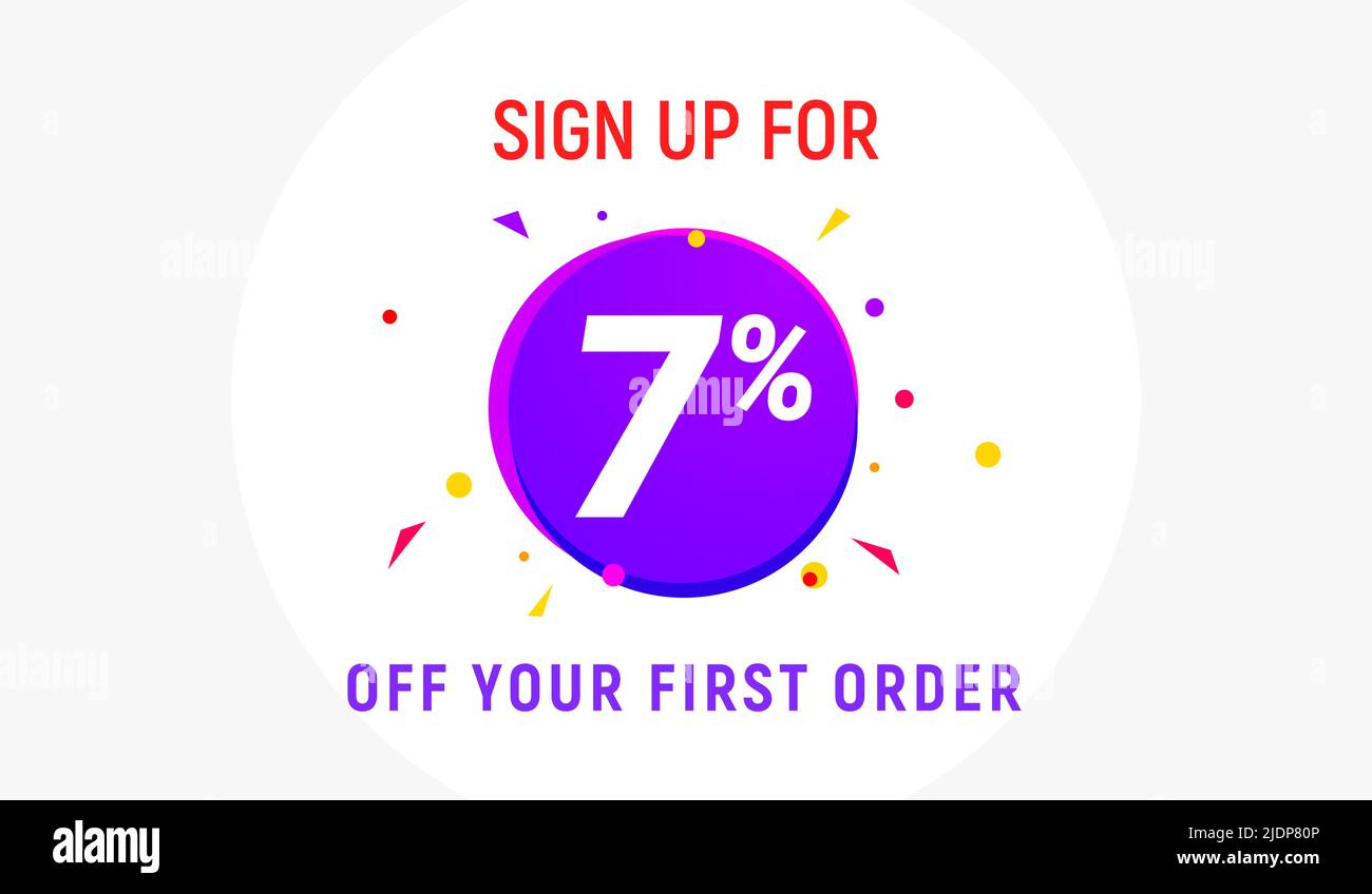 Codice coupon sconto segno in su offerta pubblicitaria. Sconto promozione tag flyer 7% di sconto promozione Illustrazione Vettoriale