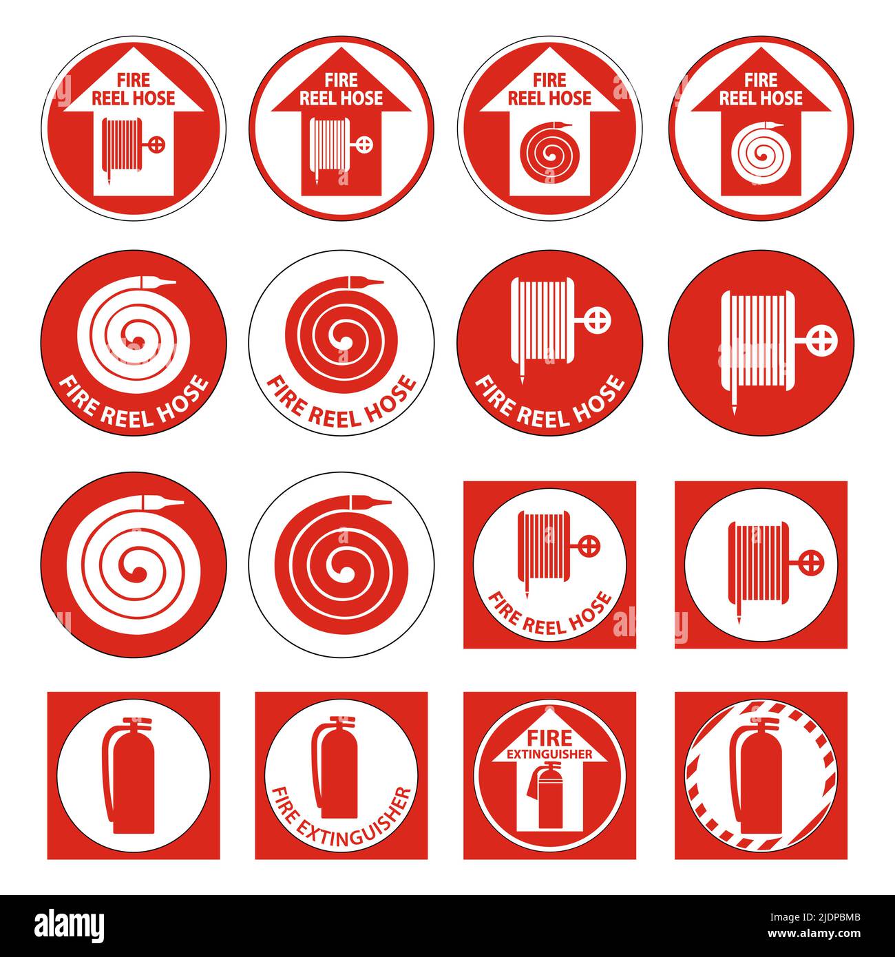Set Fire Reel Hose Floor, Extinguisher Sign su sfondo bianco Illustrazione Vettoriale